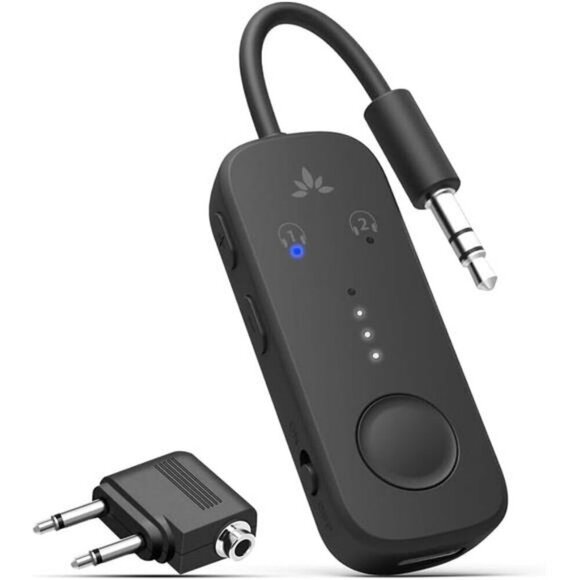 Bluetooth Airplane Audio Adapter 3.5mm AUX Connects 2 Headphones 20Hr